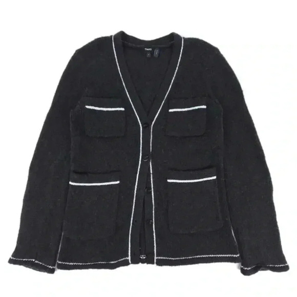 THEORY Contrast-Trim Knit Alpaca Ultra Soft Charcoal Grey Cardigan Sweater Large - Picture 2 of 5